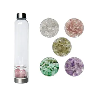 Elixir-botella de agua de cristal de cuarzo natural, con estampado personalizado, piedras de cuarzo amatista, botella de agua con cadena
