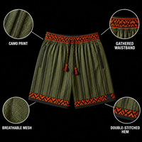 Shorts de sport respirants en maille vert olive à rayures verticales avec poches latérales zippées, style streetwear, vente en gros