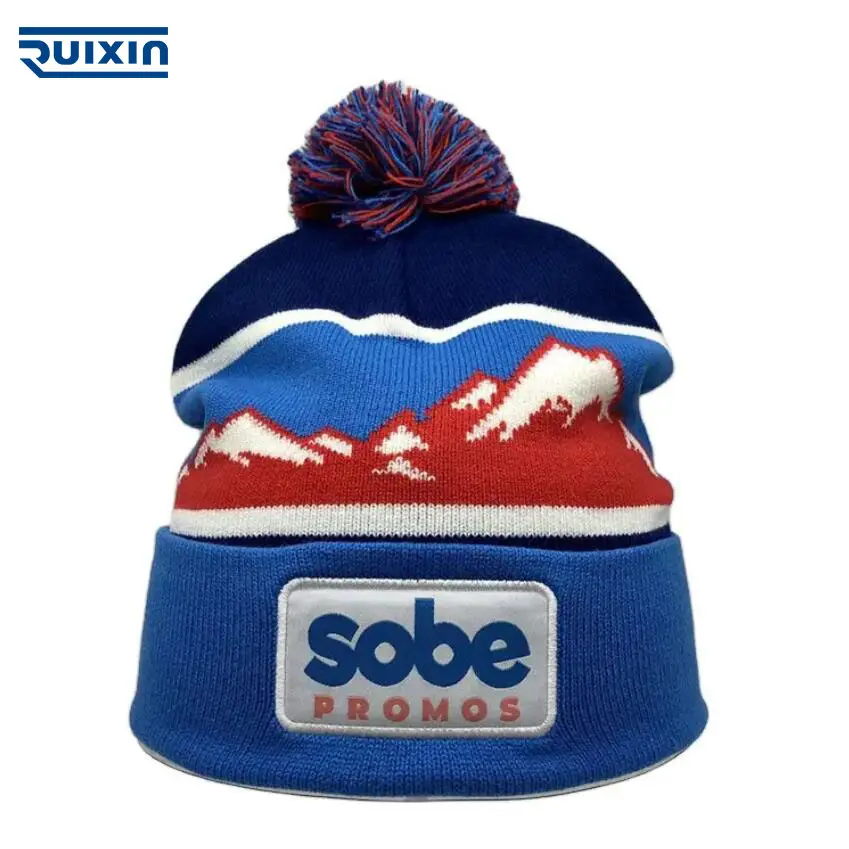 Toques de patrón de montaña de moda, gorrito jacquard de alta calidad, sombrero promocional de invierno con parche bordado