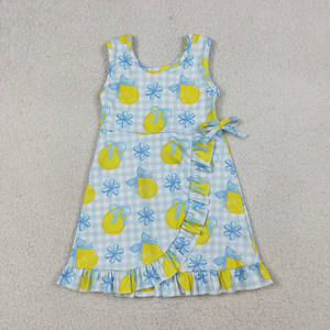 Vestido sin mangas para niñas pequeñas, con estampado de limones y lazos, a cuadros azules, estilo yoga, pantalones cortos activos hasta la rodilla - Product Image 1