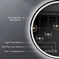 Miroir de salle de bain intelligent rond à LED avec capteur de mouvement radar, anti-buée, commande tactile, affichage de l'heure et de la température, éclairage annulaire rétroéclairé ou frontalement
