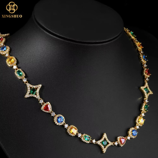 Xs Geometric Link Necklace New Collection Colorful Zircon Stones Colored Gemstone Motif Chain Hop Jewelry