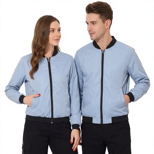 Chaqueta Bomber Unisex Azul Claro con Ribete Negro, Cierre de Cremallera, Ropa Exterior Informal Resistente al Viento para Otoño - Product Image 1