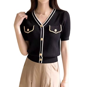 Wholesale Hot Style <b>Summer</b> Fashion Women's V-Neck Contrast Color <b>Cardigan</b> <b>Short</b> <b>Sleeve</b> Knit Sweater with Lace Decoration - Product Image 1