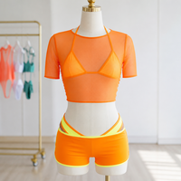 Ensemble de maillot de bain bikini halter non rembourré à double doublure avec garniture contrastante en tissu recyclé personnalisé, short de plage et haut transparent