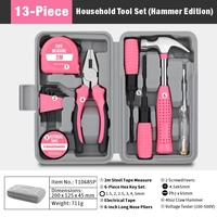 Kit ménager en acier au carbone rose Vetex, 13 pièces |   Kit de réparation domestique portable DIY avec poignées de tournevis |   Boîte à main compacte pour tous les jours