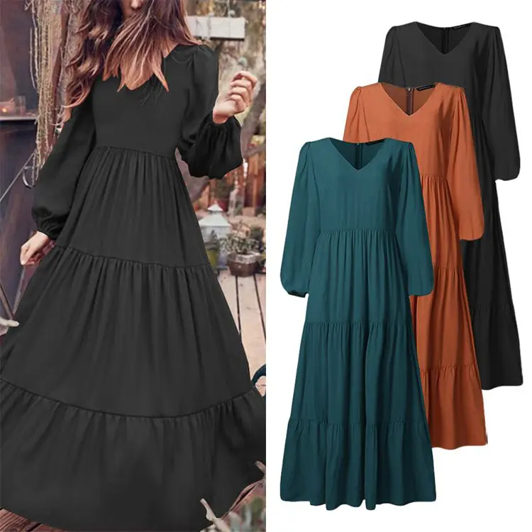 Wholesale New Women Lady Girls Summer Spring Long Sleeve Solid Color Dresses V-Neck Long Casual Beach Holiday Loose Long Dress