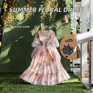 Abito Estivo Personalizzabile Stile Vacanza con Vita Impero, Scollo a V, Maniche a Sbuffo in Pizzo, Casual, Lunghezza Midi, Stampa Floreale Rosa Effetto Pittura a Olio per Donne - Product Image 5