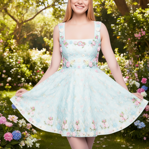 <b>Sweet</b> Floral Embellished Embroidered Sleeveless Skater Dress Square Collar Empire Waist Spring <b>Party</b> Style Chiffon Woven Printed - Product Image 2