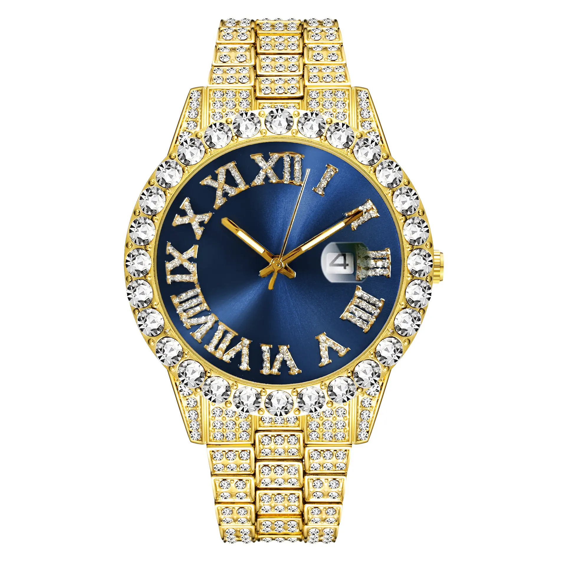 Hip hop Roman numerals diamond encrusted men's watch fashion trendy brand green face large dial quartz watch