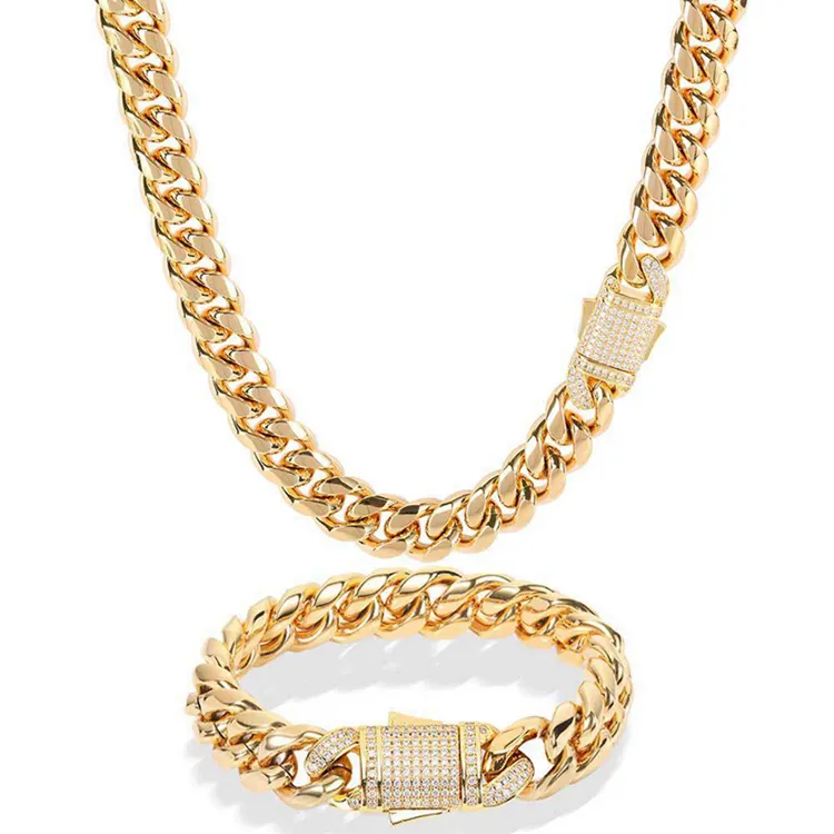 Wholesale hip hop jewelry stainless steel necklace gold iced out cuban chain for male