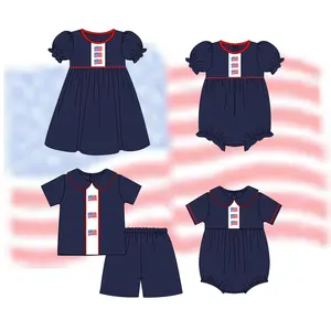 Puresun 4th of july kids clothes solid navy blue cotton knit baby girl dress with flags embroidery