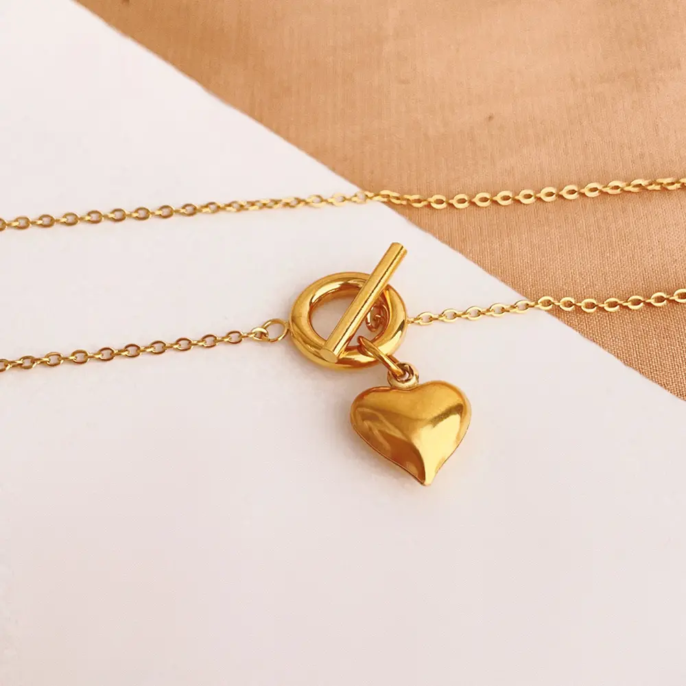 Jewelry Wholesale Gold Finish Heart Pendant Necklace Toggle Necklace Stainless Steel Heart Necklace