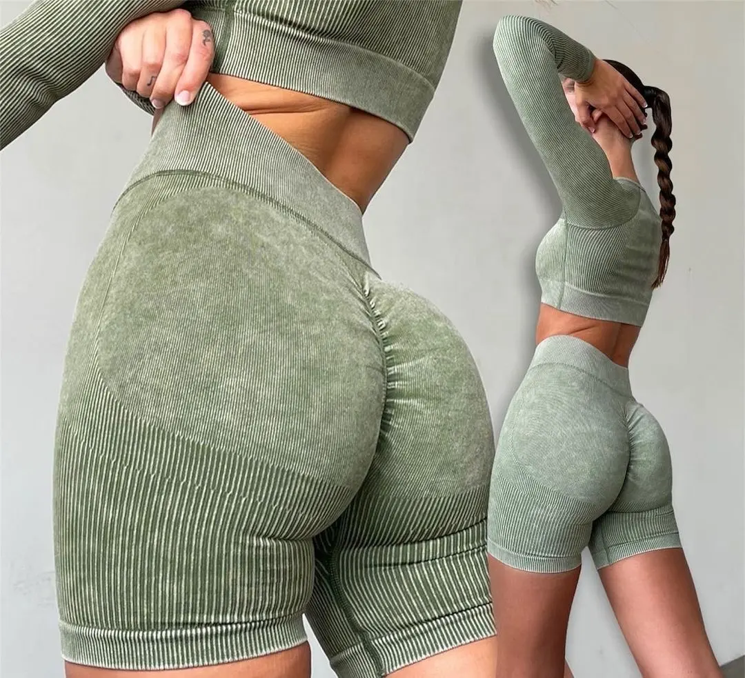 Wholesale Custom Recycled Gym Shorts Fitness Nylon Spandex Ribbed Yoga Wear Scrunch Butt Legging Biker Shorts For Women