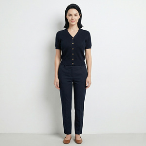 WK48 <span class=keywords><strong>Cardigan</strong></span> da <span class=keywords><strong>Donna</strong></span> in Puro Cotone Blu Scuro con Collo Alto, Stile Classico per Uso Quotidiano, Personalizzazione Disponibile - Product Image 4