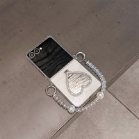 Étui de téléphone élégant avec support miroir cœur en strass transparent pour Samsung Z Flip 7 6 5, avec cordon perlé en cristal et perles, coque de protection