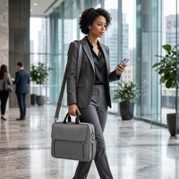 Porte-documents pour ordinateur portable gris clair, décontracté et simple, avec rabat, en tissu polyester doux résistant à l'eau, deux poches verticales avant zippées, anneau en D
