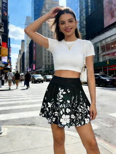Women's Plus Size Black Floral Casual Summer Skirt-Natural Waist A-Line Mini Skirt Anti-Exposure Lining <b>Blend</b> - Product Image 1
