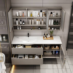 Meuble de salle de bain moderne de luxe léger et simple, avec vasque intégrée en céramique sans joint en <span class=keywords><strong>plaque</strong></span> de roche, miroir et lampe de miroir - Product Image 3