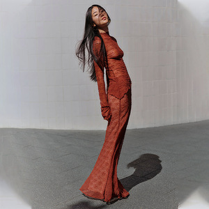 Lace Two-Piece Set Long Sleeve High Neck Sheer <b>Top</b> Slim Fit Skirt Solid Color Summer <b>Wedding</b> Dress FDC1131 - Product Image 2