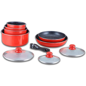 Ensemble de casseroles en céramique antiadhésives modernes de 12 pièces avec couvercles en verre, extérieur en émail rouge, compatible lave-vaisselle et four, pour cuisinières à gaz et à induction - Product Image 1
