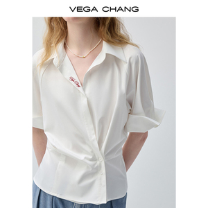 VEGA CHANG <span class=keywords><strong>Camicetta</strong></span> Bianca Stile Minimalista Chic <span class=keywords><strong>con</strong></span> Vita Intrecciata, Colletto a Risvolto e Manica <span class=keywords><strong>Corta</strong></span>, Top Casual all'Ingrosso - Product Image 4