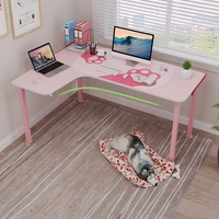 Bureau de jeu en forme de L, bureau d'ordinateur de jeu rose, bureau d'angle gain de place avec grand tapis de souris en forme de patte de chat, cadeau de bureau rose pour fille