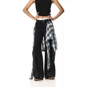 Vente en gros de pantalons en jean pour femmes, style boyfriend, vintage, amples et droits, en tissu patchwork à carreaux - Product Image 1