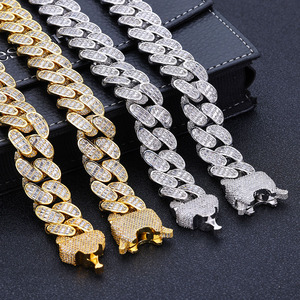 Pulsera de Eslabones Cubanos de Piedra Natural VVS de Una Fila de 18 mm de Ancho, Cadena Fina de Plata 925 con Baño de Oro, Joyería de Moda Hip Hop - Product Image 1