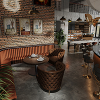 Ensemble de mobilier de café commercial, banquettes en bois nordiques, table et chaises de salle à manger pour restaurant