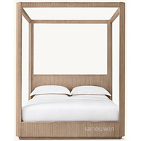 Cadre de lit plateforme minimaliste en chêne massif cannelé, lit à baldaquin moderne taille King pour la maison et l'hôtellerie