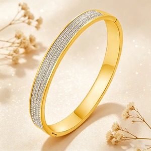 Stainless Steel Triple Row <b>Crystal</b> Sparkling Bangle Non-Tarnish Gold/Rose Gold/Silver Plated Cuff <b>Bracelet</b> <b>Women</b> Luxury Jewelry - Product Image 3