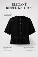 Haut élégant côtelé à manches courtes pour femme, avec boutons au dos et ourlet à franges, chemisier décontracté ample, chemise tricotée tendance pour le bureau