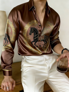 New Multi-color Orange Gold Horse Printed <strong>Men's</strong> Long Sleeved Single Breasted Casual <strong>Shirt</strong> with 3D Printed Satin <strong>Silk</strong> <strong>Shirt</strong> - Product Image 4