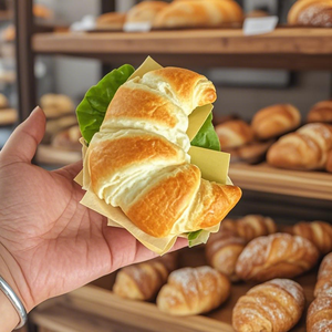 Croissant français au jambon et au fromage, tranché, boulangerie artisanale, beurreux, feuilleté, sandwich, modèle alimentaire, jouet, présentoir à laitue - Product Image 1