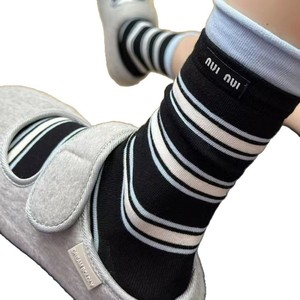 Women Striped Mid Calf <b>Socks</b> <b>Breathable</b> Jacquard Knit Casual Fashion Style - Product Image 5