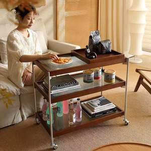 Mesa de centro de madera maciza estilo vintage con base de acero inoxidable, carrito retro móvil, mesa auxiliar multifuncional para sala de estar - Product Image 1