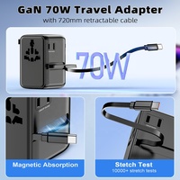 Worldplug 70W GaN chargeur rapide adaptateur de voyage international avec câble rétractable de type C prise universelle fonction PD pour ordinateur portable