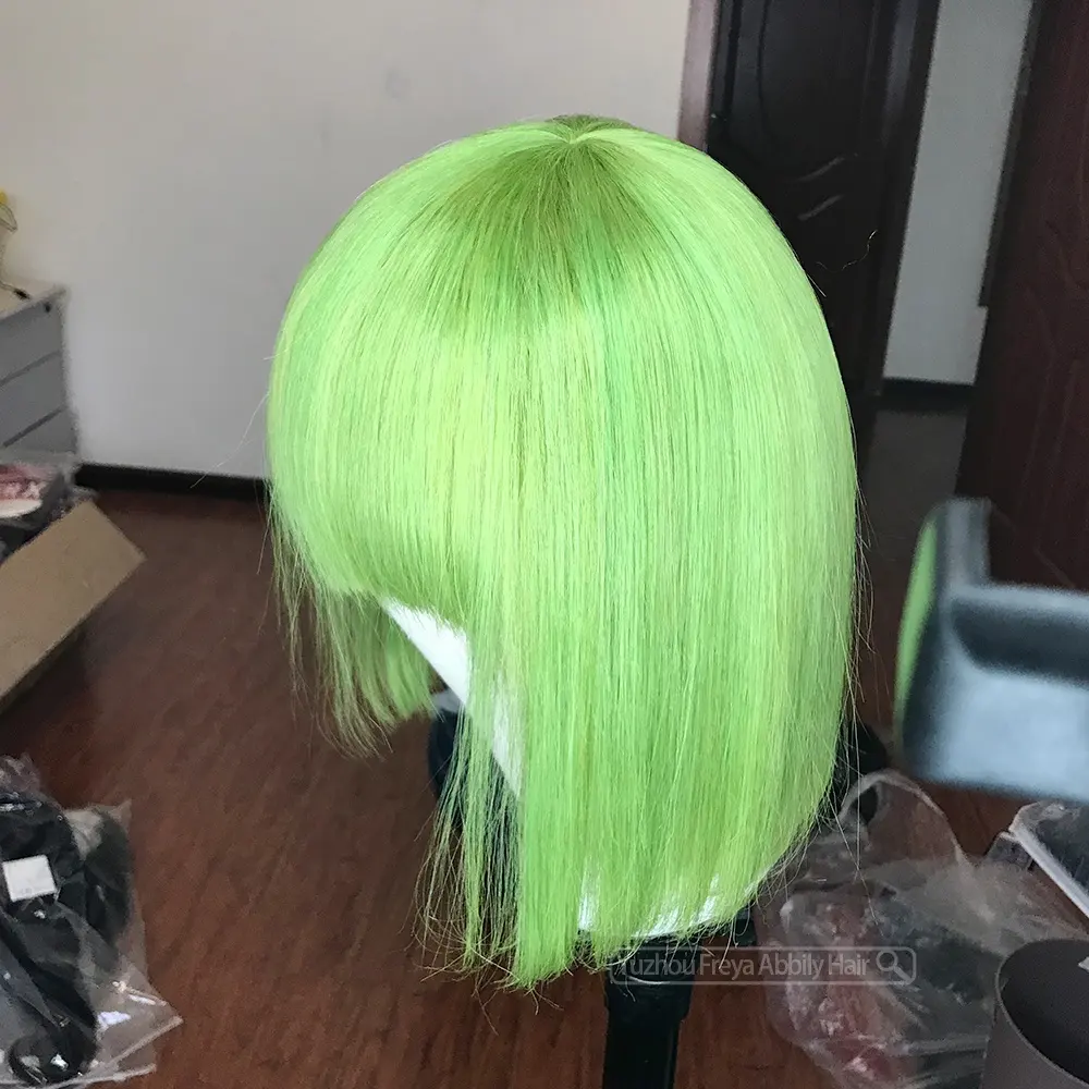 Полноразмерные человеческие волосы зеленого цвета, машинное изготовление, парик с челкой, необработанные натуральные волосы с выравненной кутикулой для черных женщин