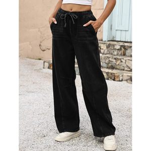 Jean Barrel pour femme FOXA, taille haute, jambe large, avec cordon de serrage, en denim, avec poches, en toile respirante - Product Image 3