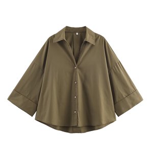 Women's Casual Loose Button Down Shirt, Collared 3/4 Cuffed Sleeve Blouse, Versatile Vintage Style <strong>Top</strong> for Office &amp; Street - Product Image 3
