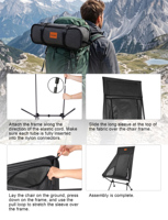 Chaise de camping pliable à dossier haut, cadre en fibre de carbone, siège en maille léger avec support de tête, poches latérales pour les voyages, OEM personnalisé