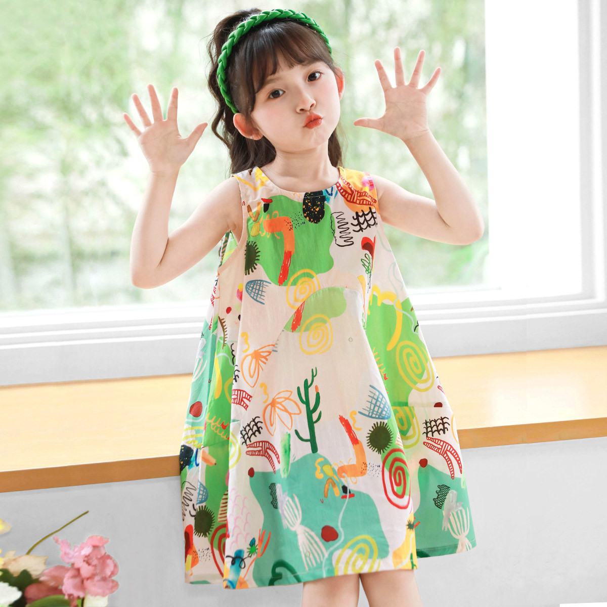 cotton spandex summer dresses 3/4 Sleeve Slit Neck Dress Bermuda Reef Printed Cotton Spandex Knitted Summer Dress