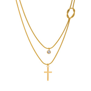 Collar con colgante de cruz de doble capa, chapado en oro de 18 quilates, acero inoxidable con circonita redonda engastada en bisel, para mujer, regalo. - Product Image 5