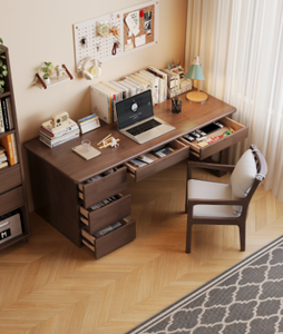 Wood Computer <b>Desk</b> with Drawers and Bookshelf Storage for Home Office Workspace Furniture Set - Product Image 3