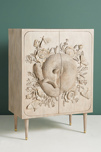 Buffet en bois massif sculpté à la main avec motif floral complexe, style mi-siècle, meuble de rangement d'appoint - Product Image 3