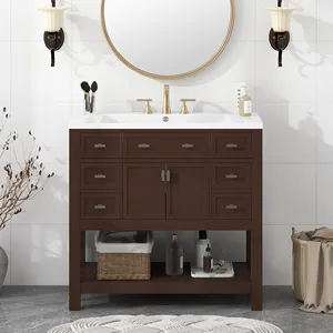 36-zoll elegant schokolade dunkelbraun badezimmer hölzerne waschtisch mit schubladen und waschbecken für hotels 90 cm