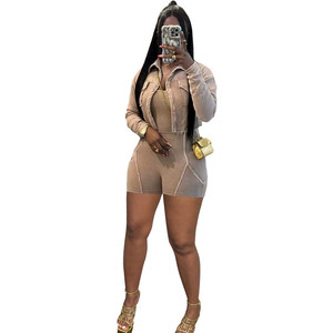 Mode Damen Set gewaschene gerippte Langarm mäntel Kurze Overalls Active Two 2-teiliges Set Outfits Trainings anzug - Product Image 5