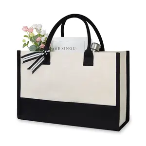 сумка-тоут сумка черная ручка Suppliers-Модные многофункциональные женские сумки кремового цвета, хлопковая пляжная сумка для покупок, двухцветная Холщовая Сумка-тоут с черными ручками