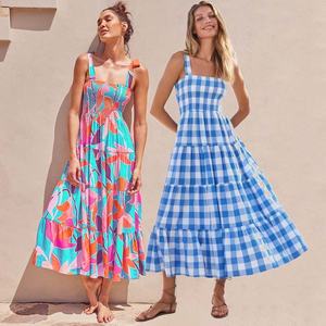<strong>Womens</strong> Polka Dot Printed Long Dresses Ruffle <strong>Tartan</strong> Sundress Hawaiian Sleeveless Square Neck Gown Boho Clothing Plaid Dress - Product Image 1